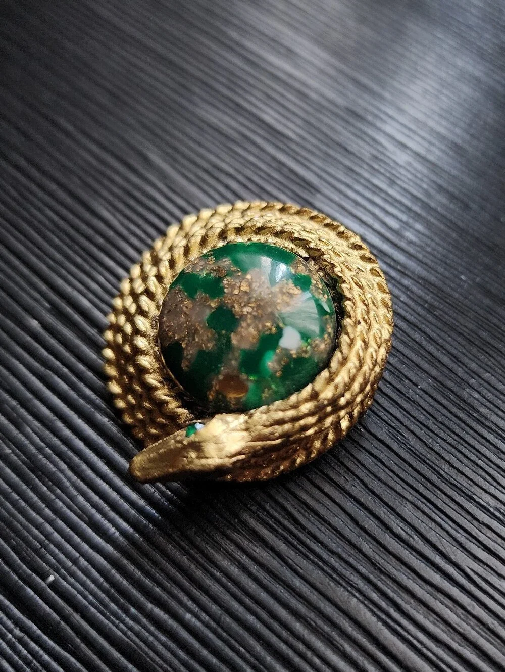 Vintage 1960s Ouroboros Snake Brooch Green Gold Flecked Art Glass Pin Brooch